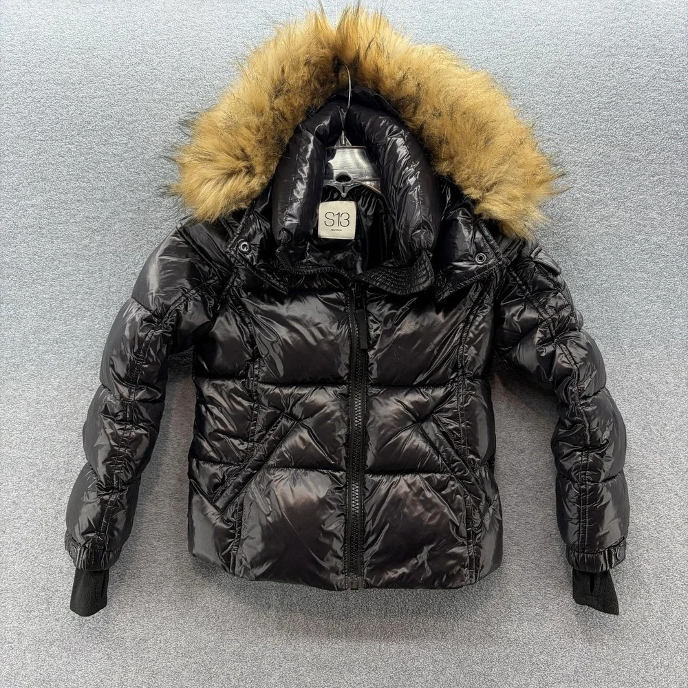 S13 Puffer Jacket Youth Girls 8 Black Hooded Faux Fur Trim Winter Coat